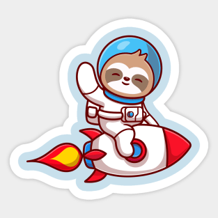 Cute Sloth Astronaut Riding Rocket And Waving Hand Cartoon Sticker